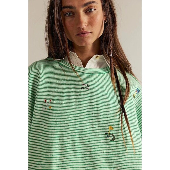 Free People We The Free Embroidered Camp Tee Tunic Top Oversized Stripe L 284402 - Picture 2 of 7